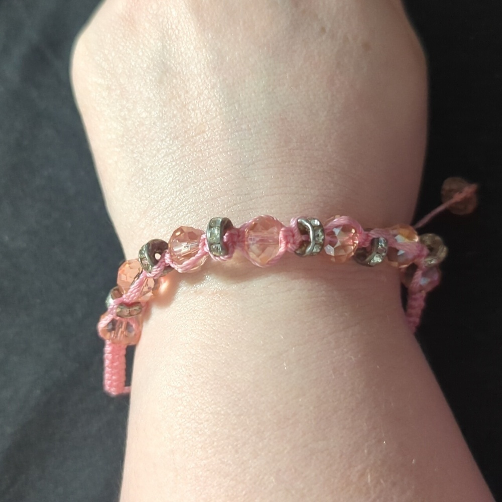 Silver Tone Pink Beaded Clear Rhinestone Slide Knot Style Statement Bracelet